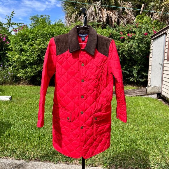 Ralph Lauren Red Quilted Calf Suede Trim Mid Length Barn Jacket Girls Size 12 - Picture 1 of 10